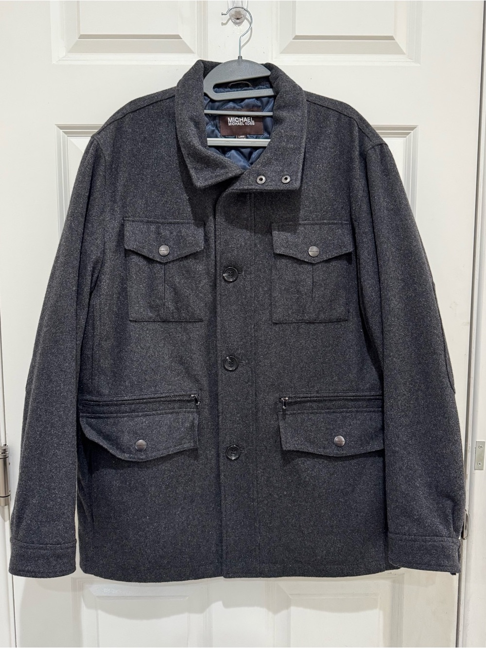 Michael Kors Men's Dark Gray Wool Blend Field Jacket Coat Sz L Button Quilted